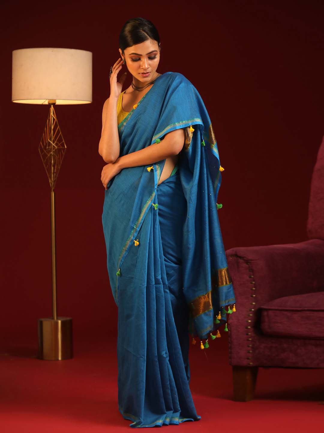 Indethnic Green and Rani Solid Colour Blocked Saree with Tassles - View 1