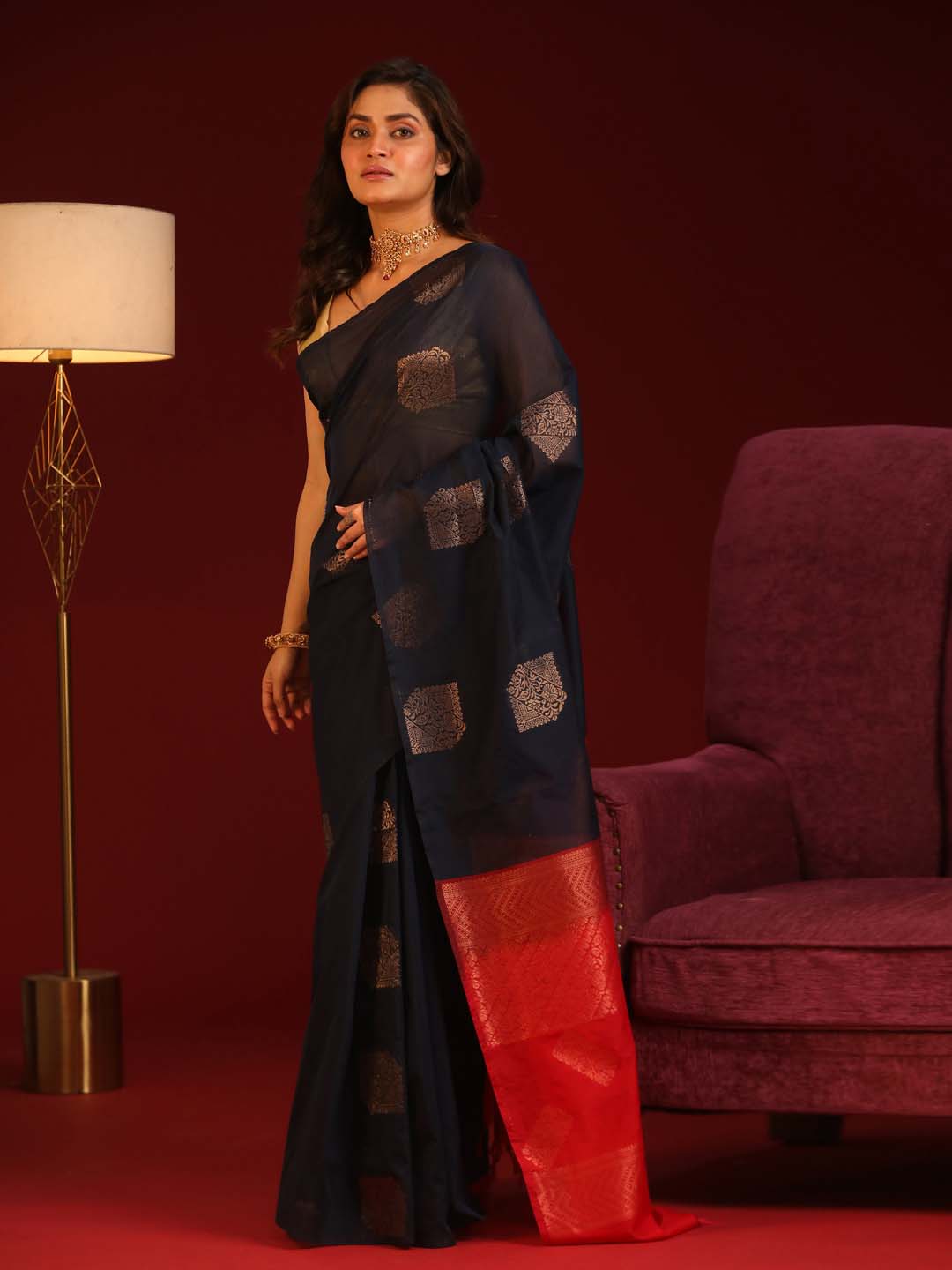 Indethnic Blue Pochampally Kora Silk by Cotton Saree - View 1