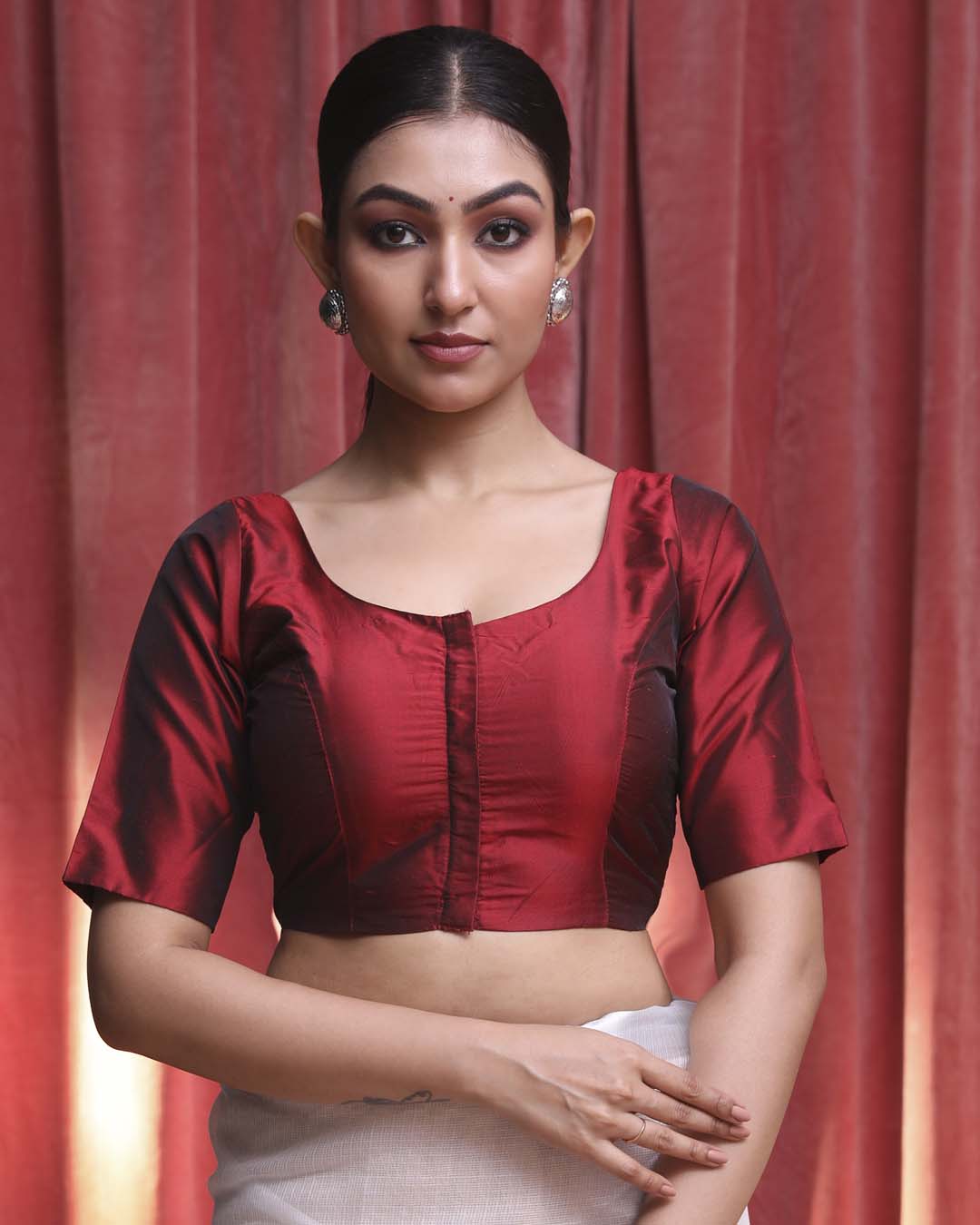 Indethnic Maroon Daily  Wear U-Neck Short Sleeves Blouse(DESIGNER  SAREE BLOUSE)